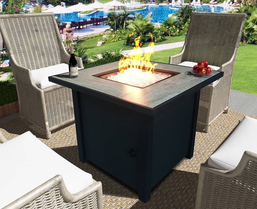 Bantana Black Metal and Tile Square Fire Pit with Glass Rocks