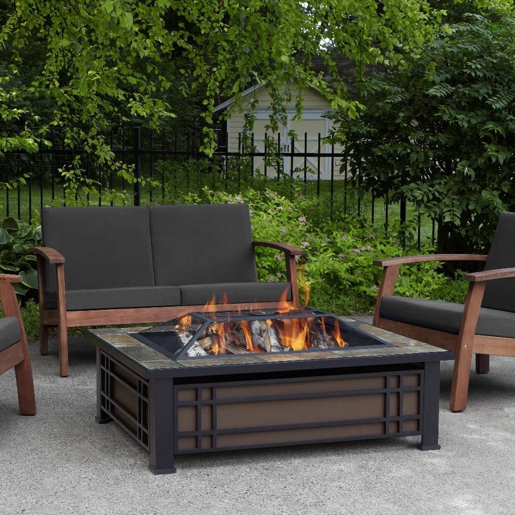Hamilton Rectangle Wood-Burning Fire Pit in Black and Brown with Natural Slate Tile Top