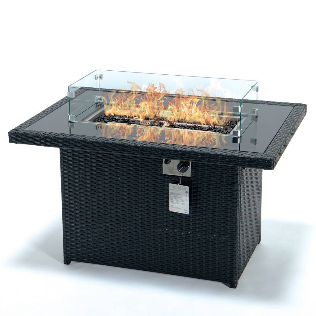 LeisureMod Mace Wicker Patio Modern Black Propane Fire Pit Table