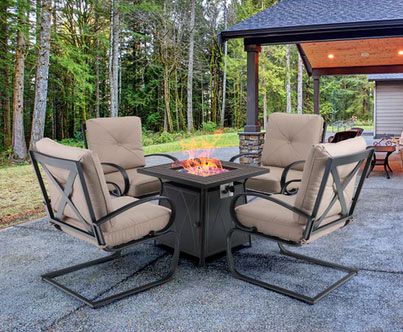 PHI VILLA 5-Piece Metal Gas Fire Pit Table & 4 C-spring Chairs Patio Dining Set