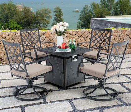 PHI VILLA 5-Piece Metal Gas Fire Pit Table & 4 Swivel Cushioned Chairs Patio Dining Set